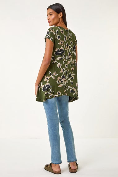 Roman Khaki Leaf Print Hanky Hem Tunic Top