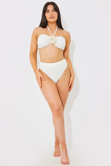 In The Style Cream Textured Corsage Halterneck Bikini Top