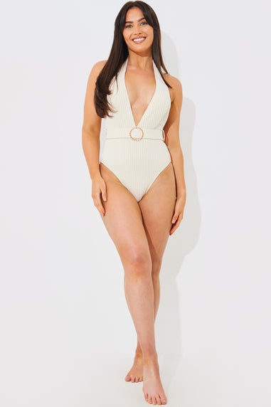 In The Style Cream Rib Belted Halterneck Swimsuit