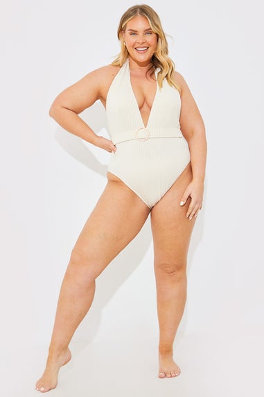 In The Style Cream Textured Corsage Halterneck Swimsuit