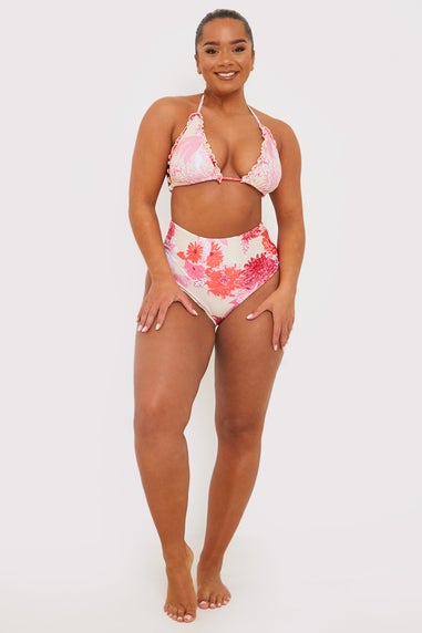 In The Style Pink Floral Print High Waisted Bikini Bottom