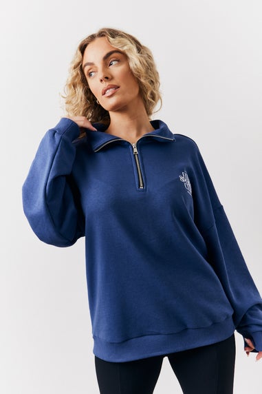 In The Style Navy Fits Sports Club Graphic Oversized Half Zip Sweatshirt