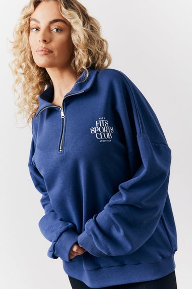 In The Style Navy Fits Sports Club Graphic Oversized Half Zip Sweatshirt