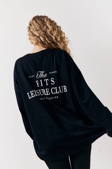 In The Style Black Fits Leisure Club Graphic Oversized Long Sleeve T Shirt