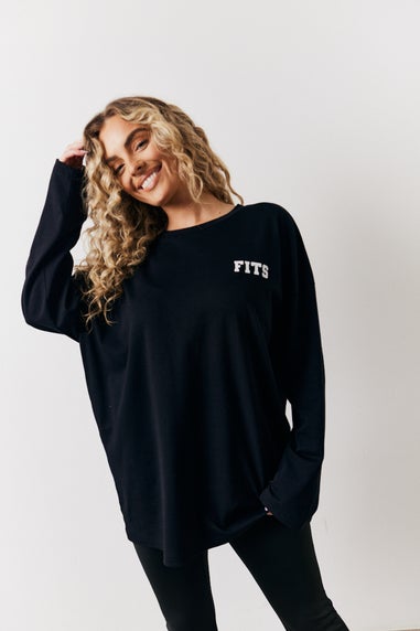 In The Style Black Fits Leisure Club Graphic Oversized Long Sleeve T Shirt