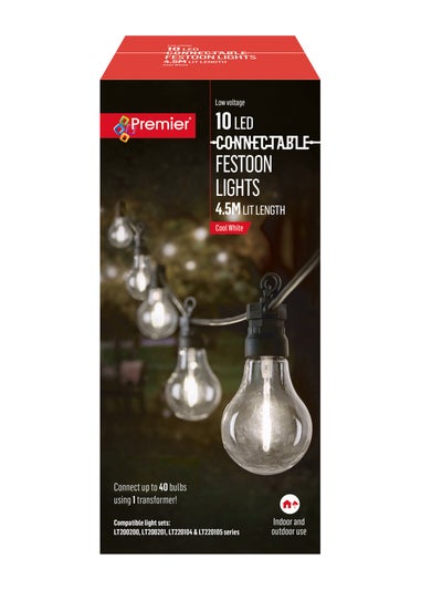 Premier Decorations 10 Cool White LED Connectable Round Bulb Festoon String Lights