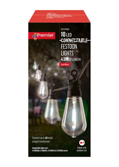 Premier Decorations 10 Cool White LED Connectable Teardrop Bulb Festoon String Lights