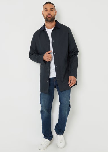 Threadbare Navy Showerproof Longline Corduroy Collar Mac