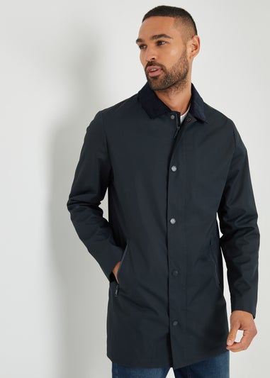 Threadbare Navy Showerproof Longline Corduroy Collar Mac