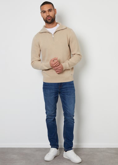 Threadbare Brown Rib Panel Quarter Zip Jumper