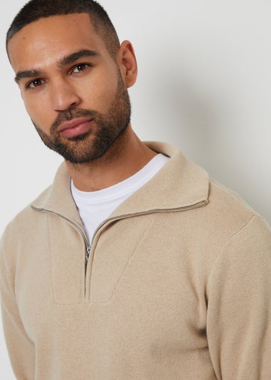 Threadbare Brown Rib Panel Quarter Zip Jumper