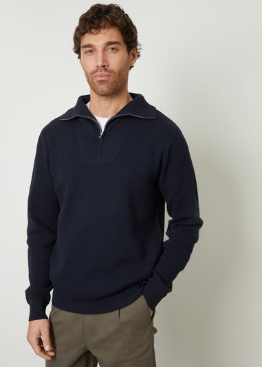 Threadbare Navy Rib Panel Quarter Zip Jumper