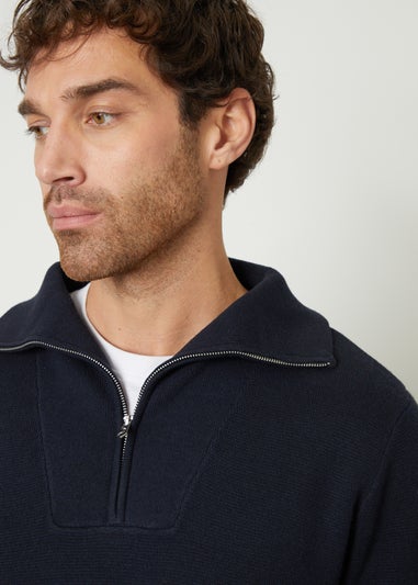 Threadbare Navy Rib Panel Quarter Zip Jumper