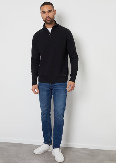 Threadbare Black Basket Stitch Mock T-Shirt Quarter Zip Jumper