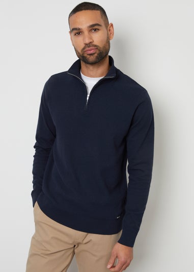 Threadbare Navy Basket Stitch Mock T-Shirt Quarter Zip Jumper