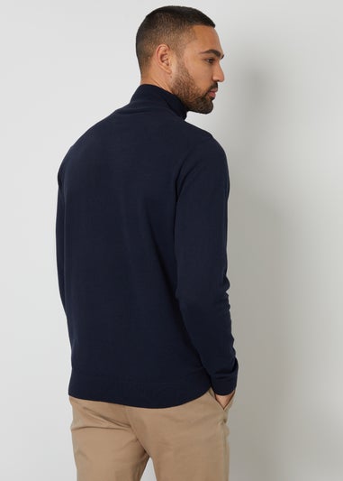 Threadbare Navy Basket Stitch Mock T-Shirt Quarter Zip Jumper