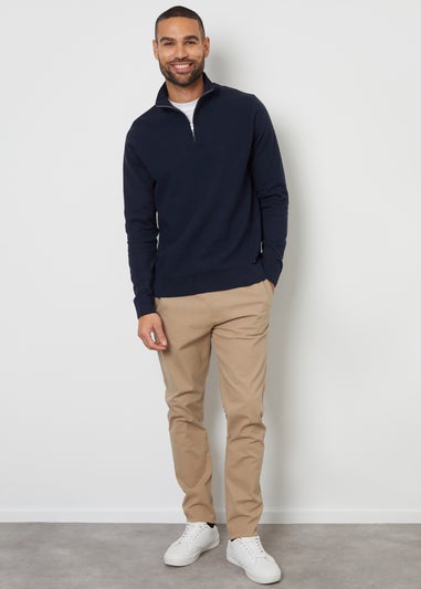 Threadbare Navy Basket Stitch Mock T-Shirt Quarter Zip Jumper