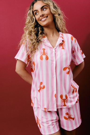 In The Style Pink V Neck Button Up Lobster Print Pyjama Set