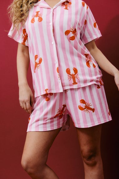 In The Style Pink V Neck Button Up Lobster Print Pyjama Set