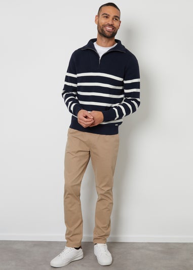 Threadbare Navy Striped Quarter Zip Knitted Jumper