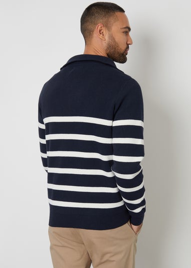 Threadbare Navy Striped Quarter Zip Knitted Jumper