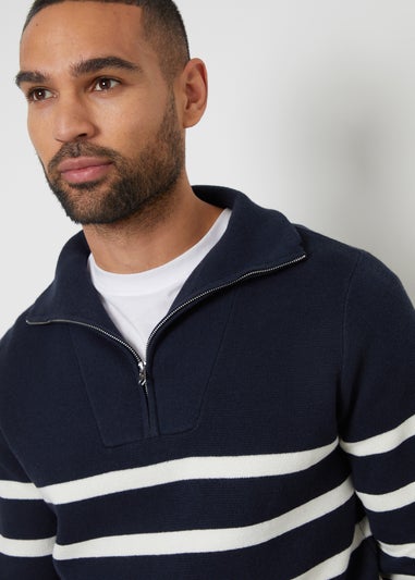 Threadbare Navy Striped Quarter Zip Knitted Jumper