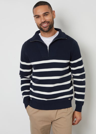 Threadbare Navy Striped Quarter Zip Knitted Jumper