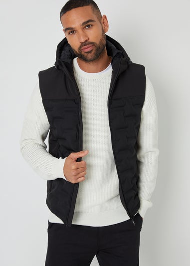 Threadbare Black Quilted Panel Hooded Gilet