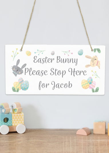 Personalised Momento Company White Easter Bunny Stop Here Wooden Sign