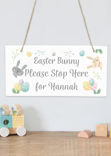 Personalised Momento Company White Easter Bunny Stop Here Wooden Sign