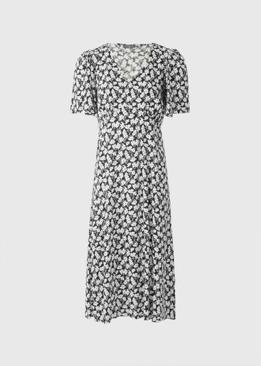 Black Ditsy Floral V Neck Midi Dress