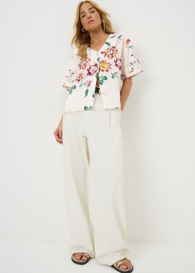 Cream Floral Button V-Neck Shirt
