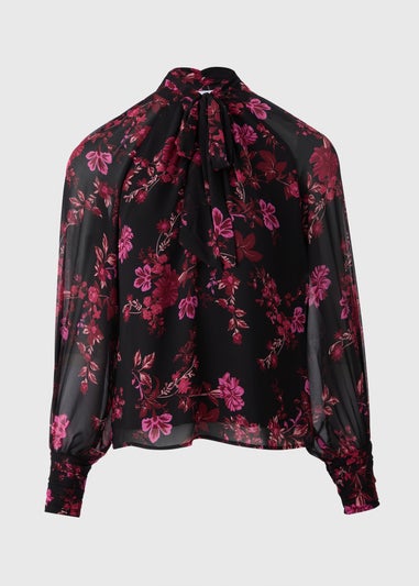 Pink Flower Boho Tie Neck Blouse