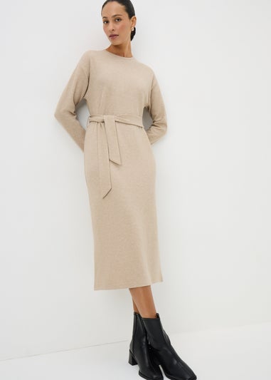 Beige Belted Ribbed Dress