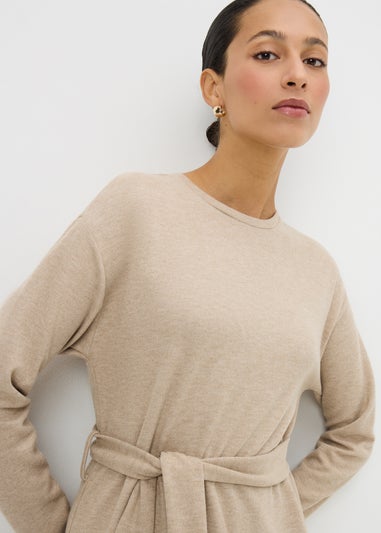 Beige Belted Ribbed Dress