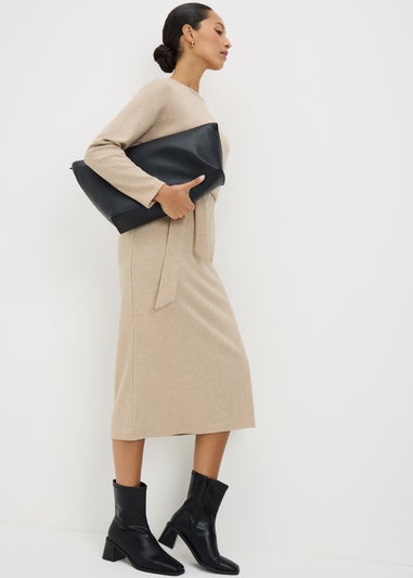 Beige Belted Ribbed Dress