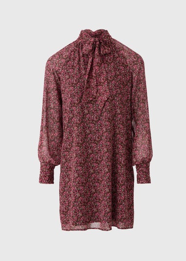 Pink Ditsy Tie Neck Mini Dress