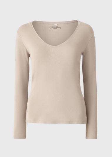 Taupe Fitted V Neck Fitted Long Sleeve Top