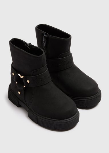 Girls Black Heart Buckle Biker Boots (Younger 4-12)