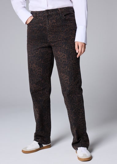 Brown Animal Print Straight Fit Jeans