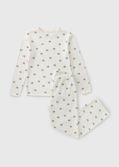 Girls White Bow Ribbed Pyjama Set (4-13yrs)