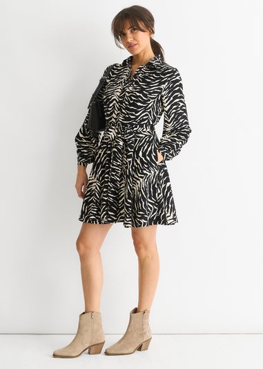 Gini London Black/ Gold Zebra Belted Shirt Dress