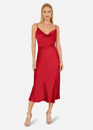 Yumi Red Satin Cowl Neck Midi Dress