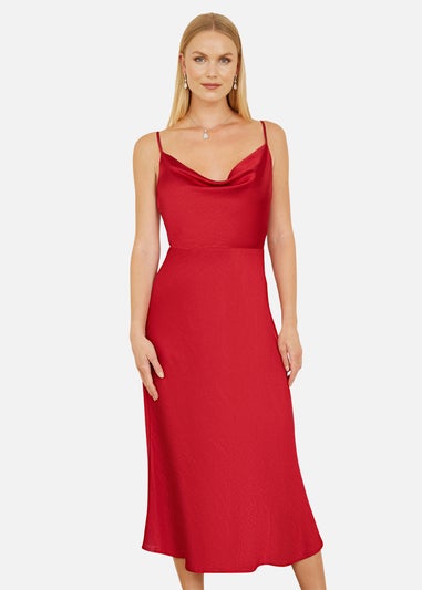 Yumi Red Satin Cowl Neck Midi Dress