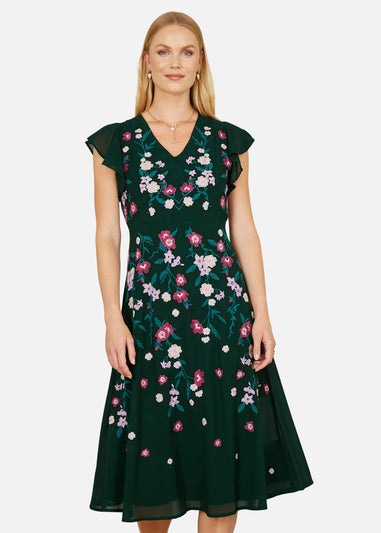 Yumi Green All Over Floral Embroidery Midi Skater Dress