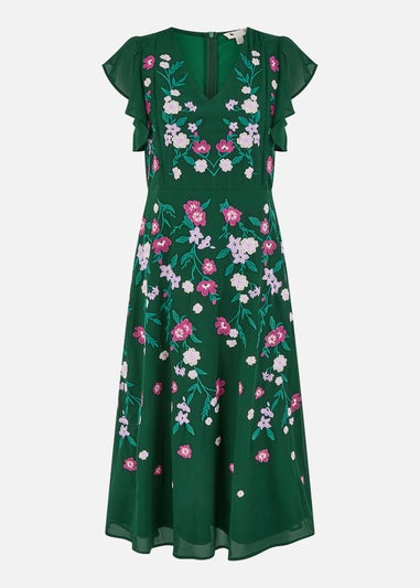 Yumi Green All Over Floral Embroidery Midi Skater Dress