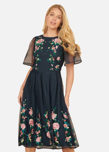 Yumi Navy Embroidered Long Mesh Sleeve Prom Skater Dress