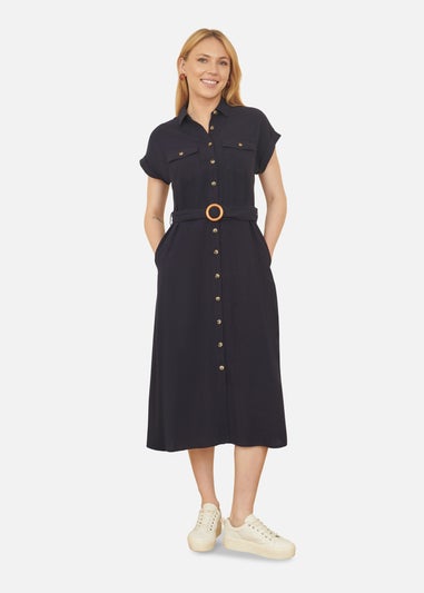 Yumi Navy Viscose Linen Look Midi Shirt Dress With Wooden Belt