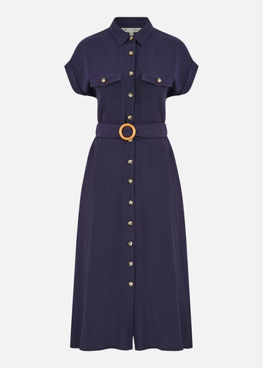 Yumi Navy Viscose Linen Look Midi Shirt Dress With Wooden Belt