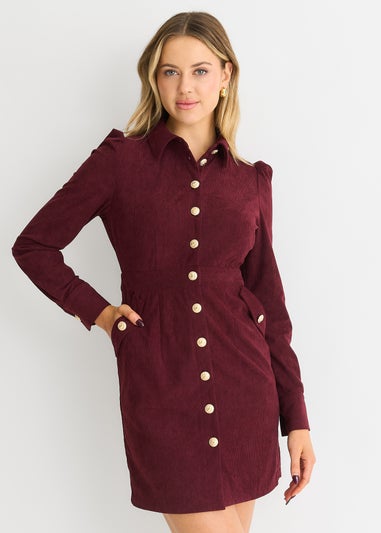 Gini London Burgundy  Corduroy Mini Shirt Dress